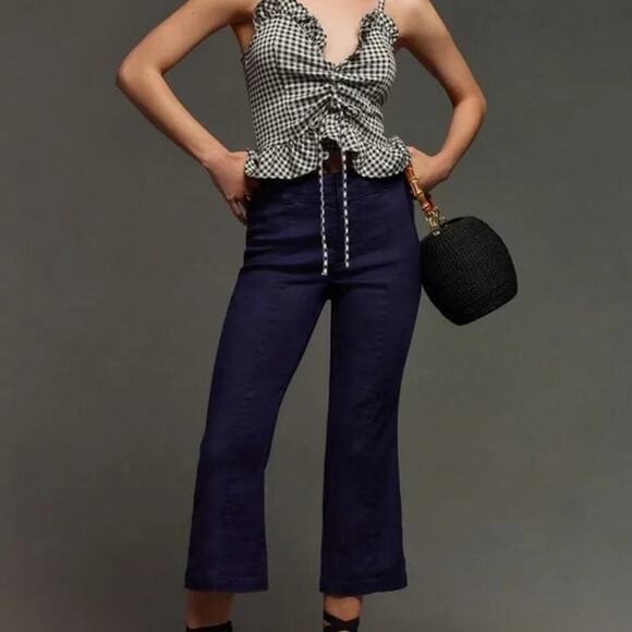 ANTHROPOLOGIE Maeve Linen 70s Slim Crop Pants Navy Size 30 Magic Fabric - Picture 1 of 9